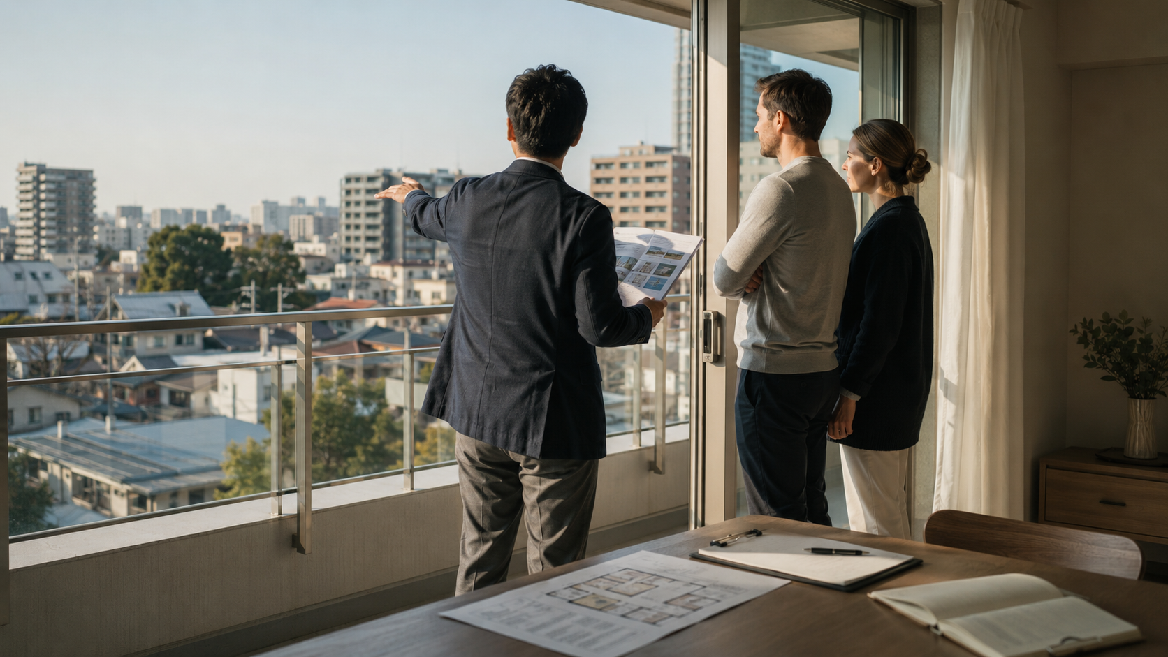 Japanese real estate advisor explaining property costs and brokerage fees to overseas buyers during a private consultation.