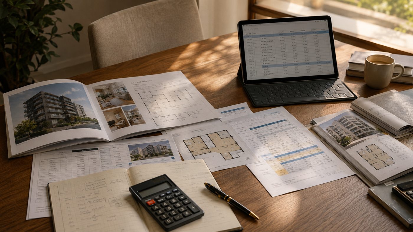 Property documents, floor plans, a calculator and a tablet with figures on a desk