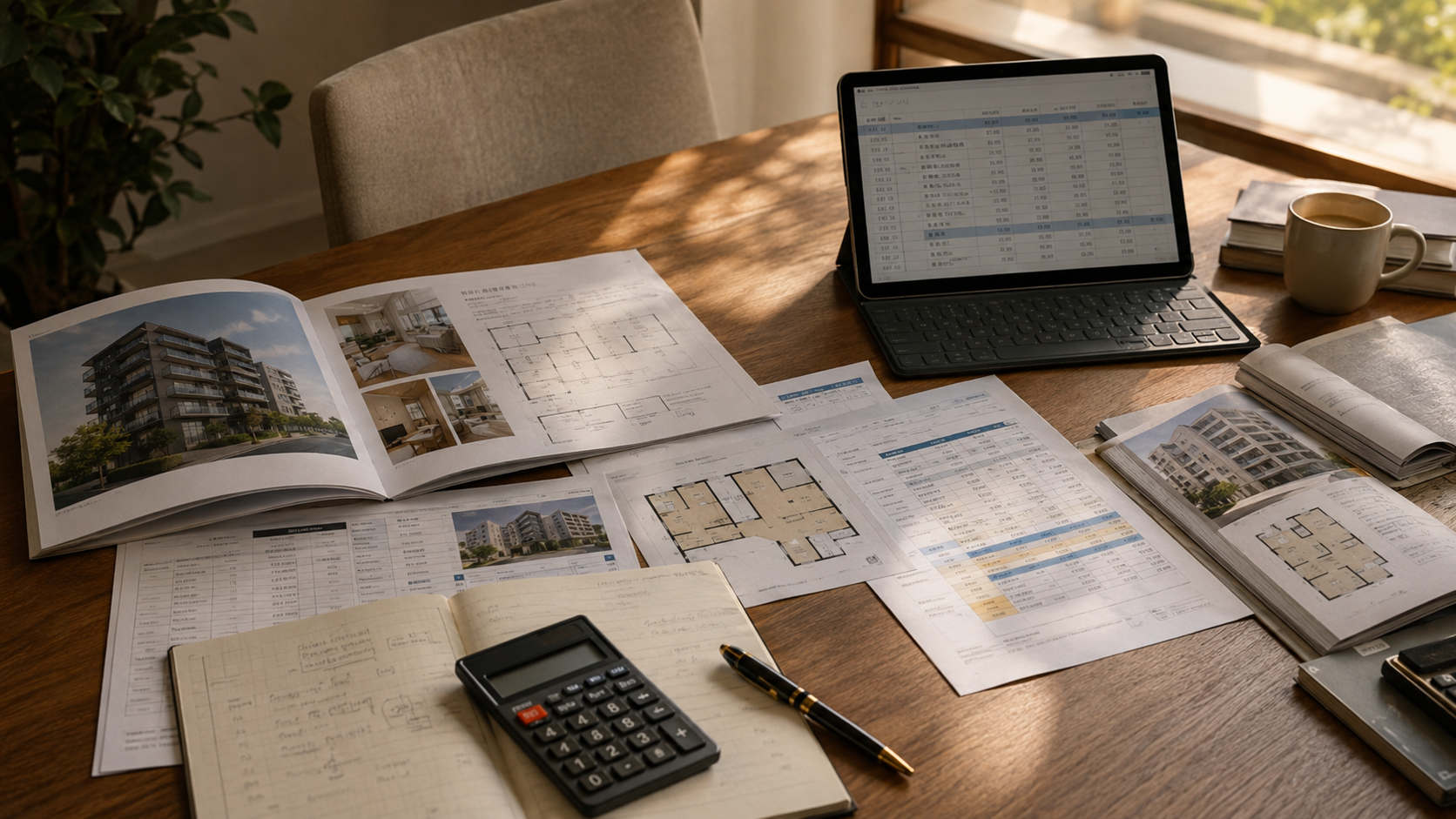 Sales sheets, floor plans, an income spreadsheet, a calculator and handwritten notes on a desk during a property review