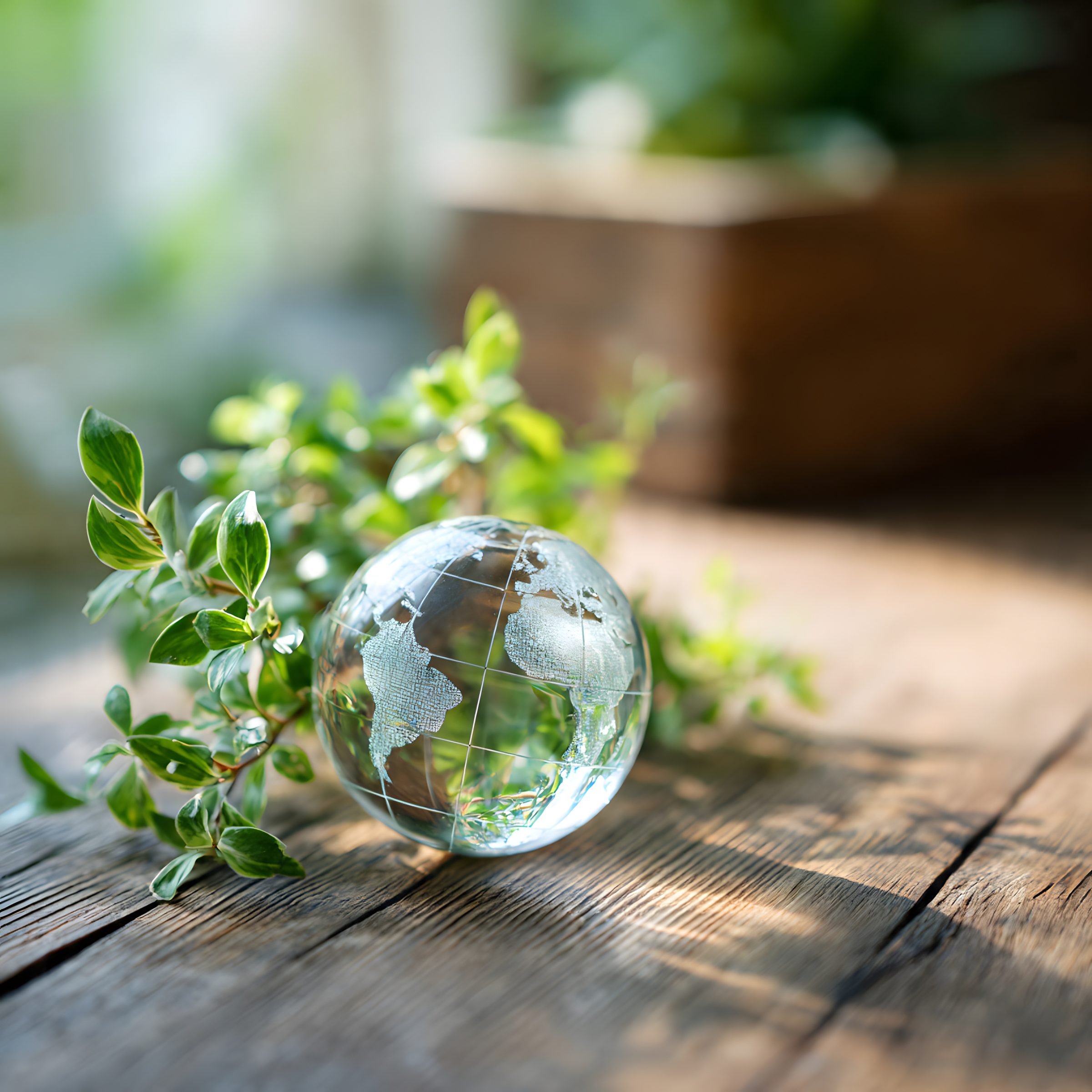 Glass globe among green leaves
