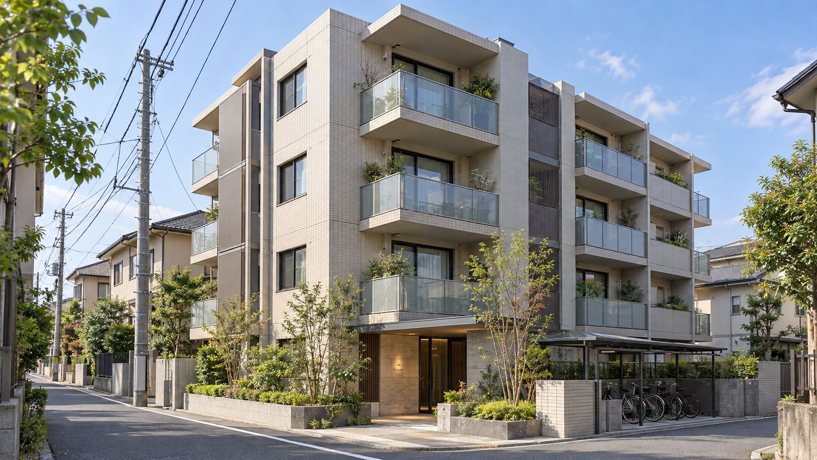 Image: a four-storey tiled apartment building with glass balconies on a quiet residential street in western Tokyo.