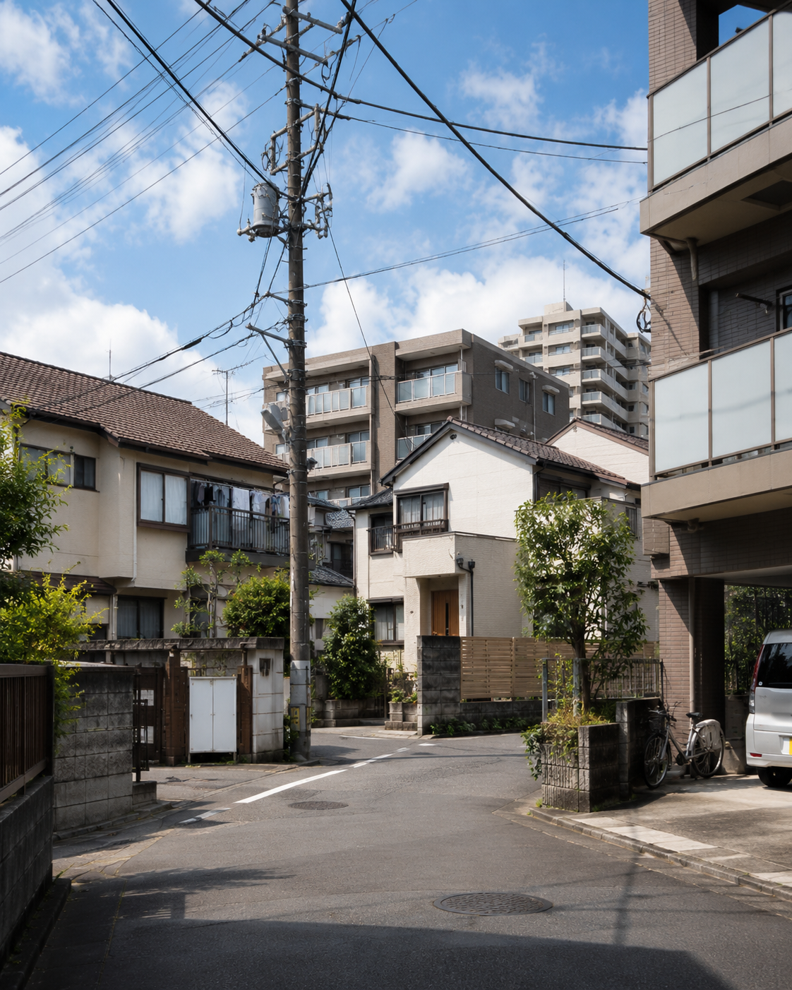 戸建てと低層の集合住宅が並ぶ、首都圏の住宅街と敷地