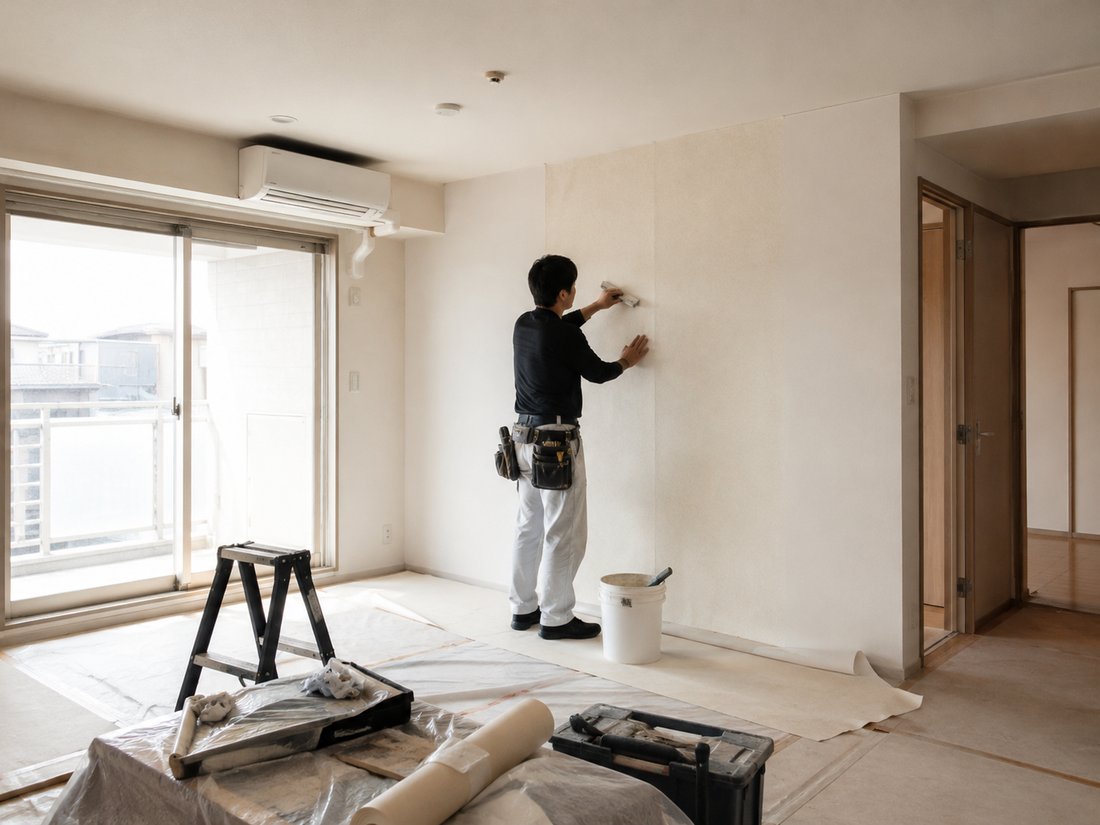 Restoration work in progress in an empty Japanese apartment between tenants