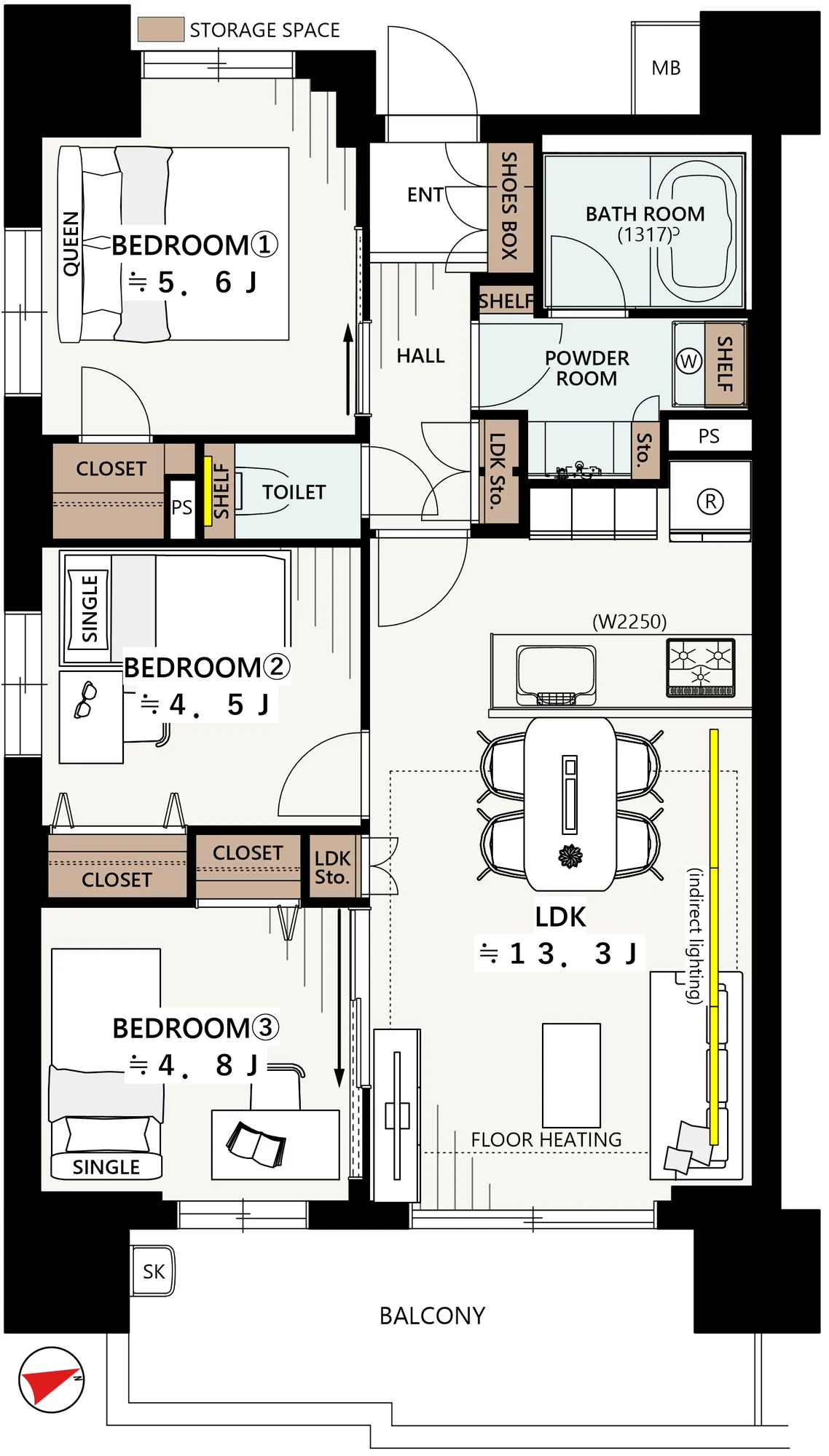 Floor plan — 3LDK, 62.71 sq m. Labels are in the original Japanese.