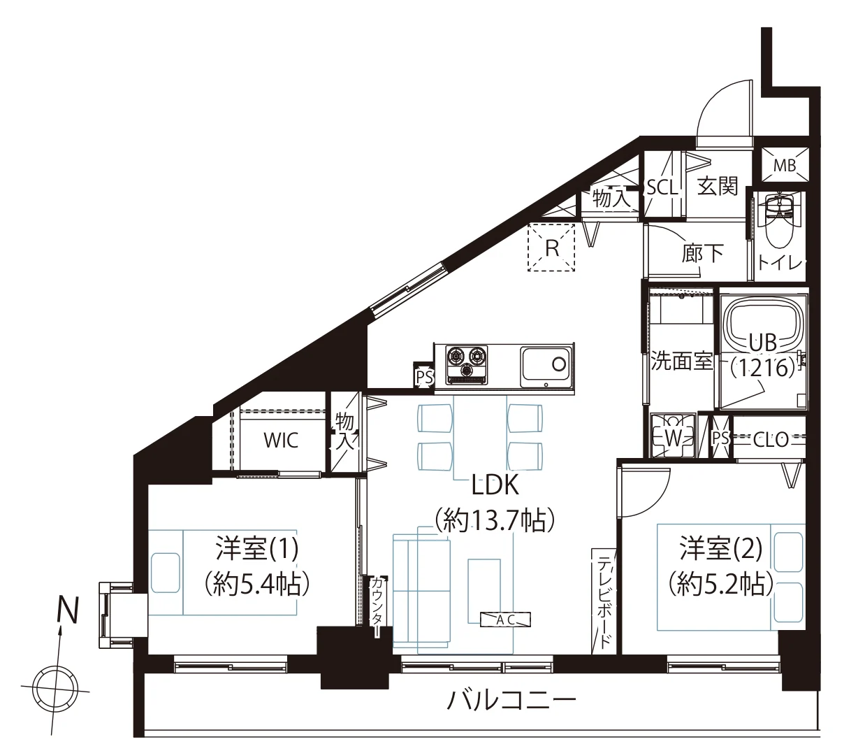 Floor plan — 2LDK, 55.68 sq m. Labels are in the original Japanese.