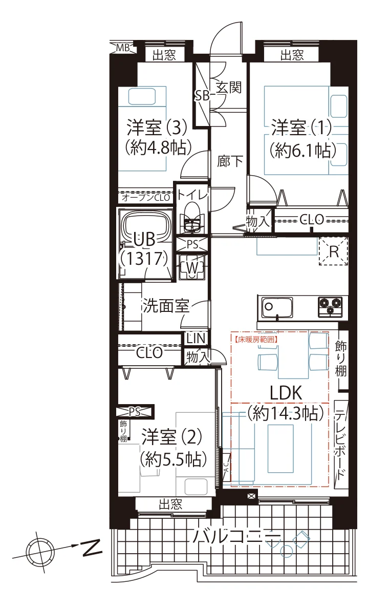 Floor plan — 3LDK, 67.52 sq m. Labels are in the original Japanese.