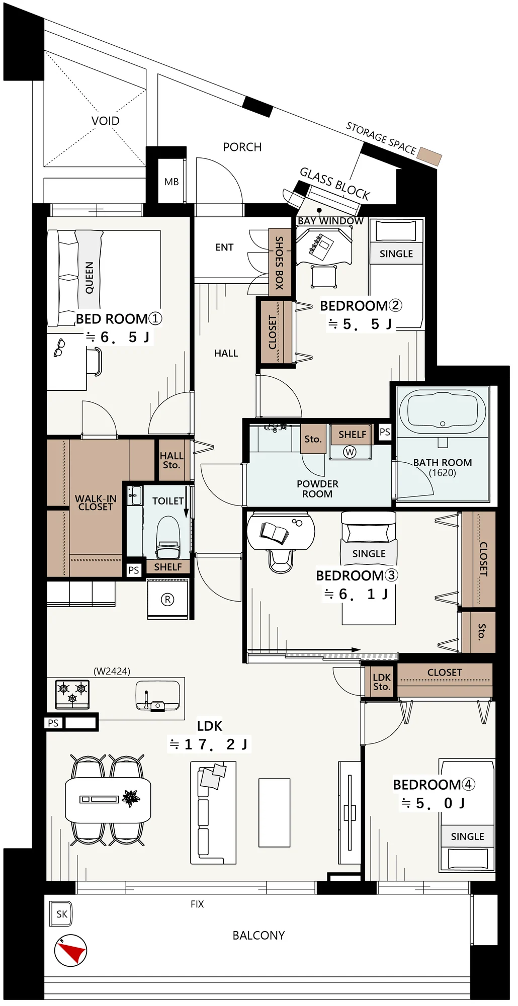 Floor plan — 4LDK, 95.18 sq m. Labels are in the original Japanese.