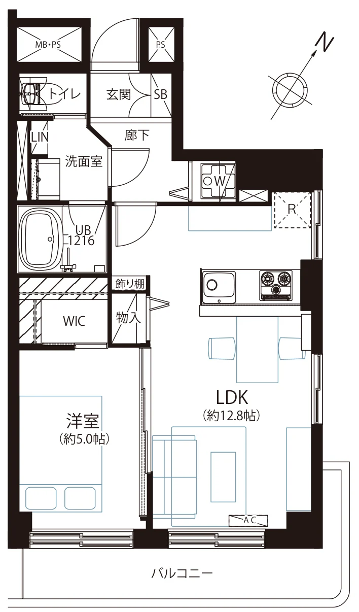 Floor plan — 1LDK, 46.45 sq m. Labels are in the original Japanese.