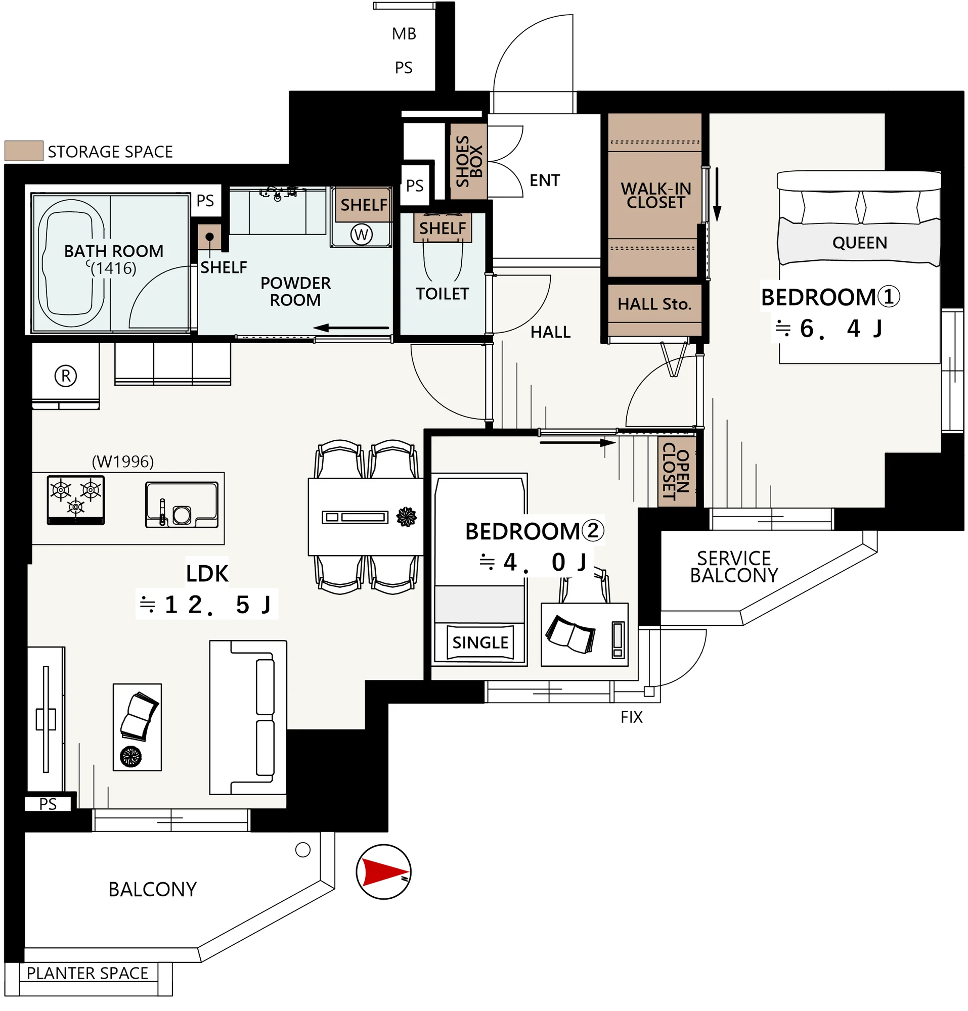 Floor plan — 2LDK + walk-in closet, 57.76 sq m.