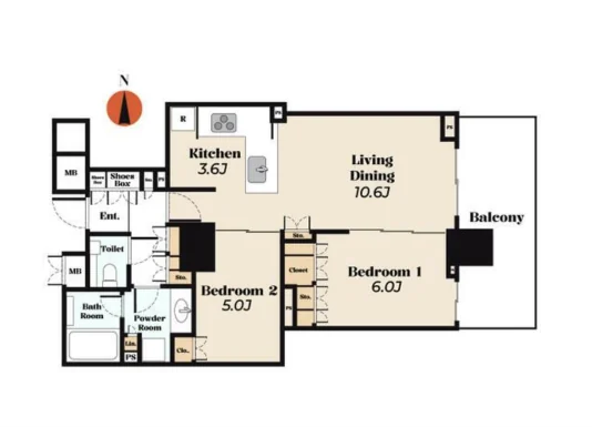 Floor plan — 2LDK, 57.20 sq m. The plan supplied is labelled in English.
