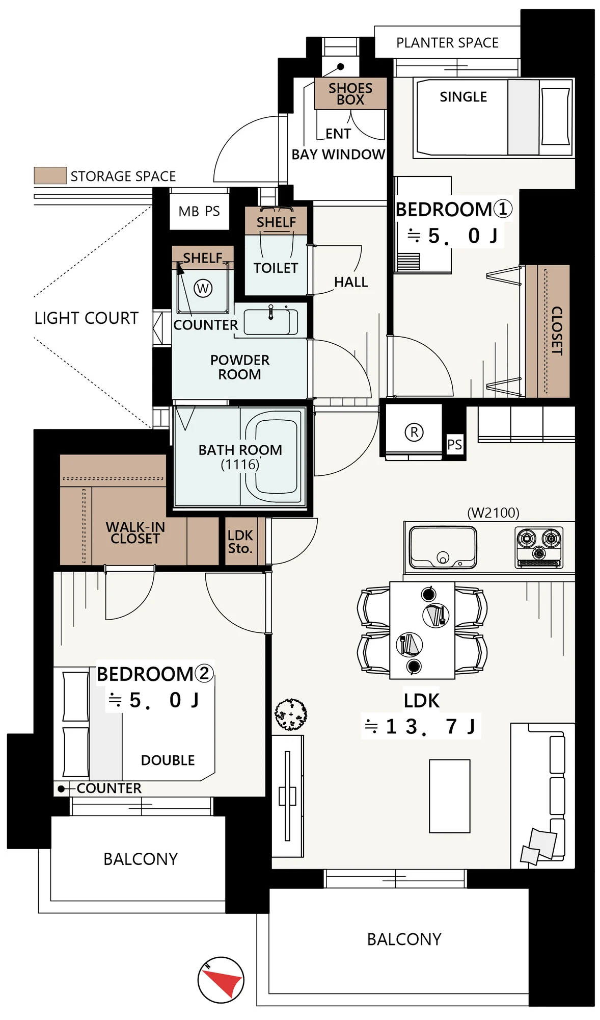 Floor plan — 2LDK+W, 55.27 sq m. Labels are in the original Japanese.