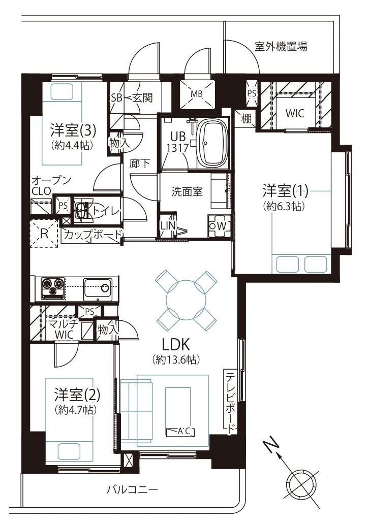 Floor plan — 3LDK, 66.47 sq m. Labels are in the original Japanese.