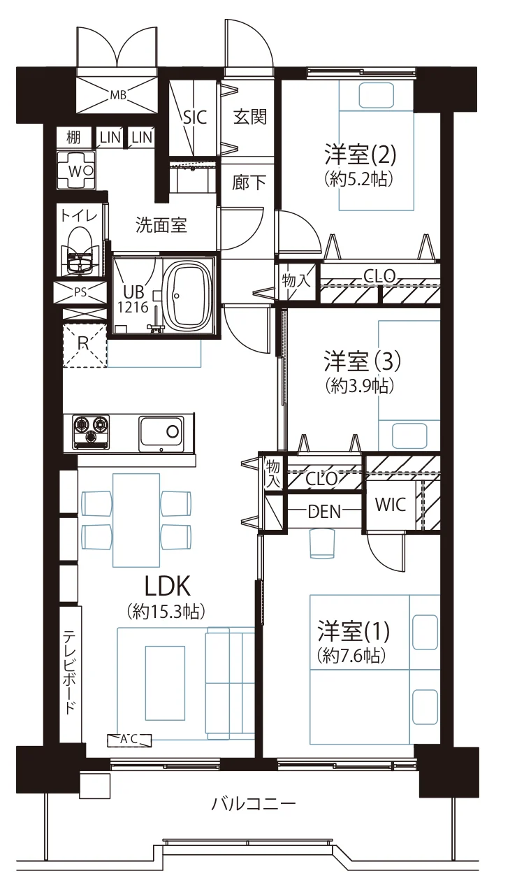 Floor plan — 3LDK, 72.99 sq m. Labels are in the original Japanese.