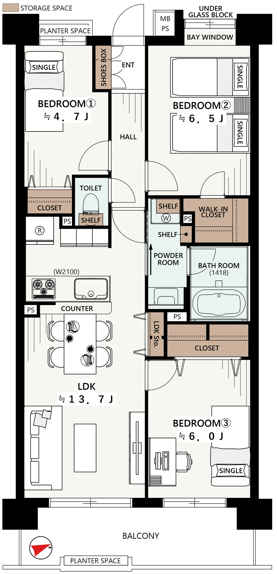 Floor plan — 3LDK, 67.56 sq m. Labels are in the original Japanese.