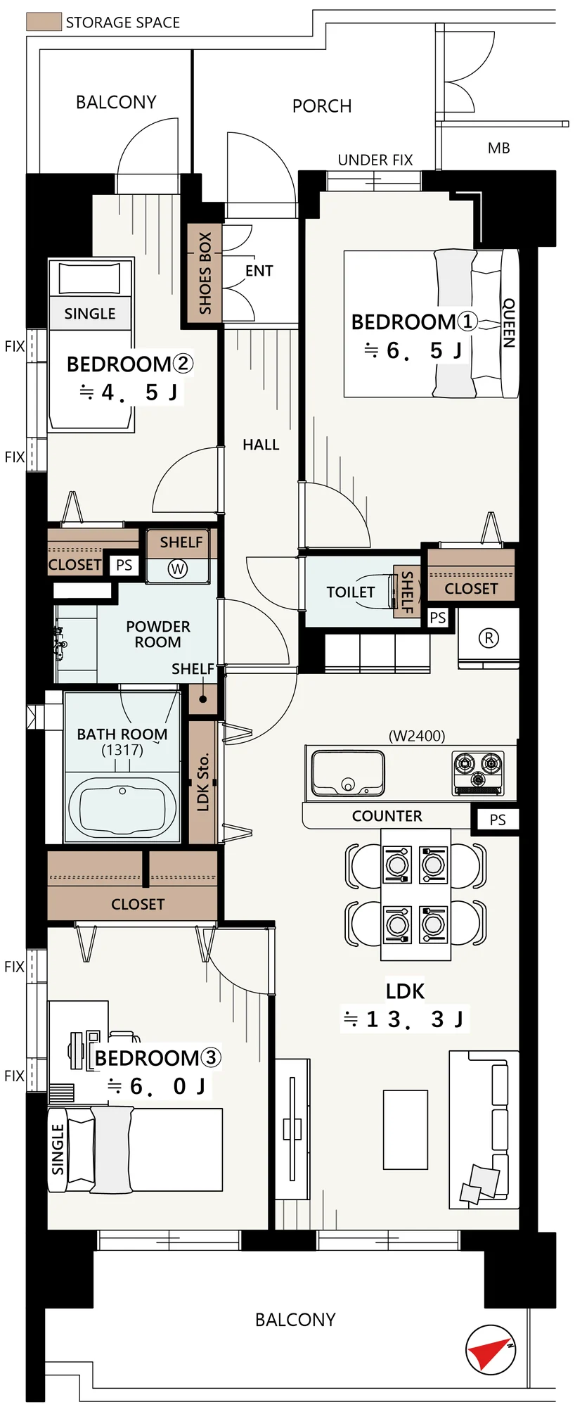 Floor plan — 3LDK, 66.79 sq m. Labels are in the original Japanese.