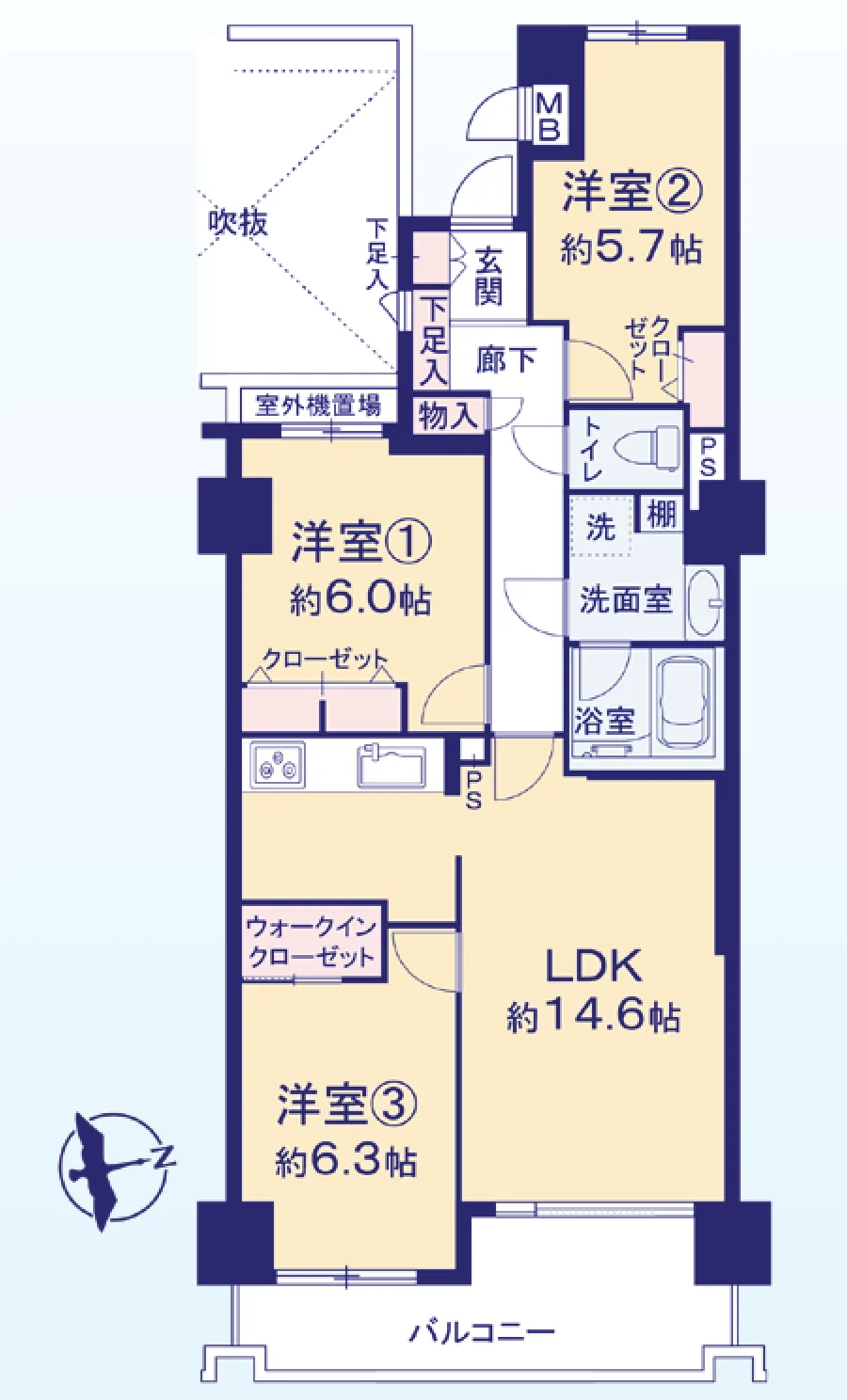 Floor plan — 3LDK, 74.06 sq m. Labels are in the original Japanese.