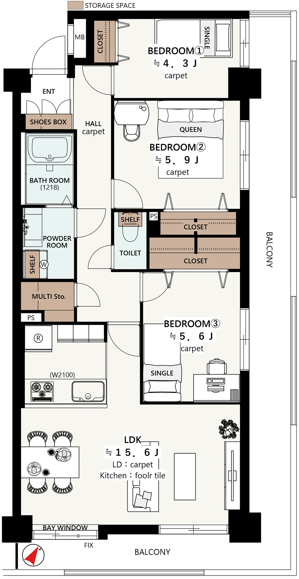 Floor plan — 3LDK, 75.19 sq m. Labels are in the original Japanese.