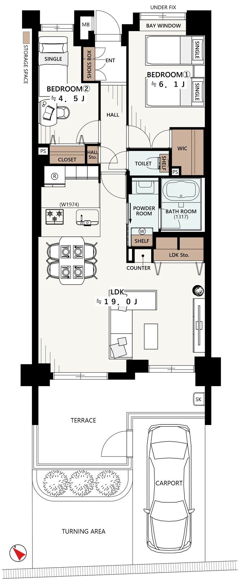 Floor plan — 2LDK + walk-in closet, 66.27 sq m, with terrace and carport.