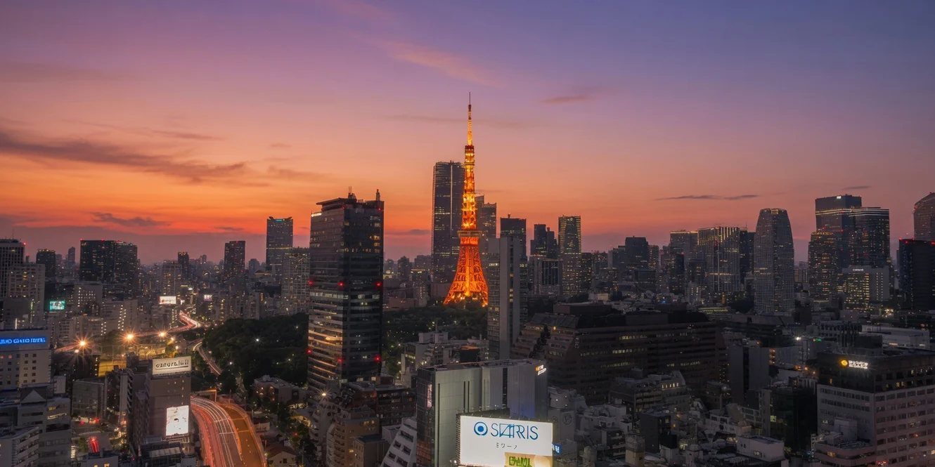 從 CREST PRIME TOWER SHIBA 的陽臺眺望黃昏中的東京塔