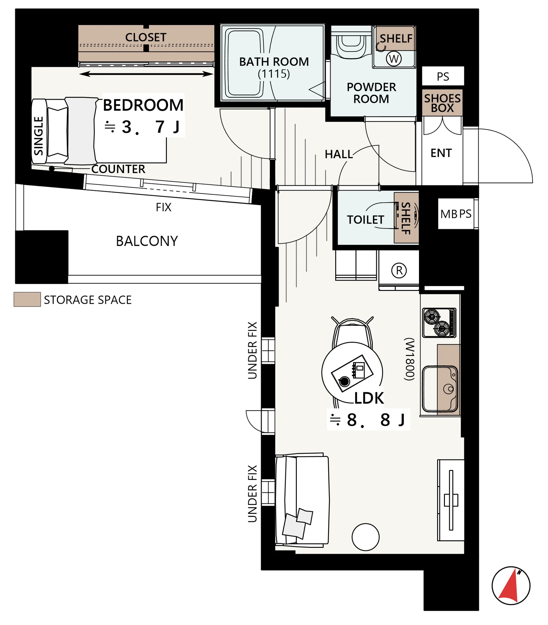 Floor plan — 1LDK, 33.06 sq m. Labels are in the original Japanese.