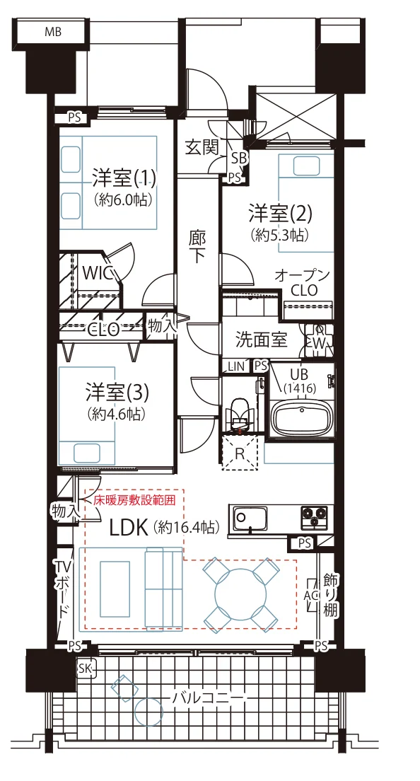 Floor plan — 3LDK, 73.26 sq m. Labels are in the original Japanese.