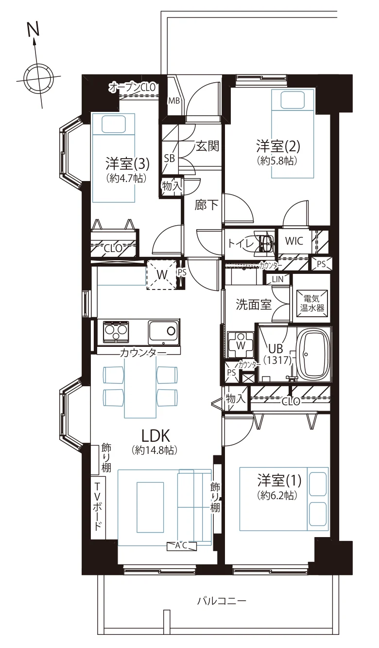 Floor plan — 3LDK, 70.2 sq m. Labels are in the original Japanese.