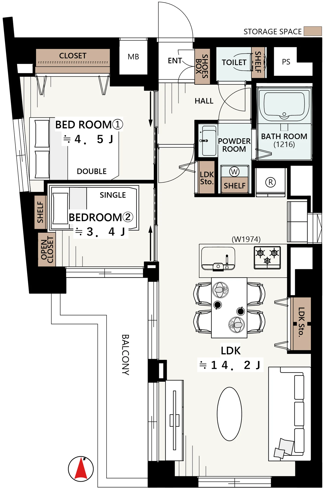Floor plan — 2LDK, 52.36 sq m. Labels are in the original Japanese.
