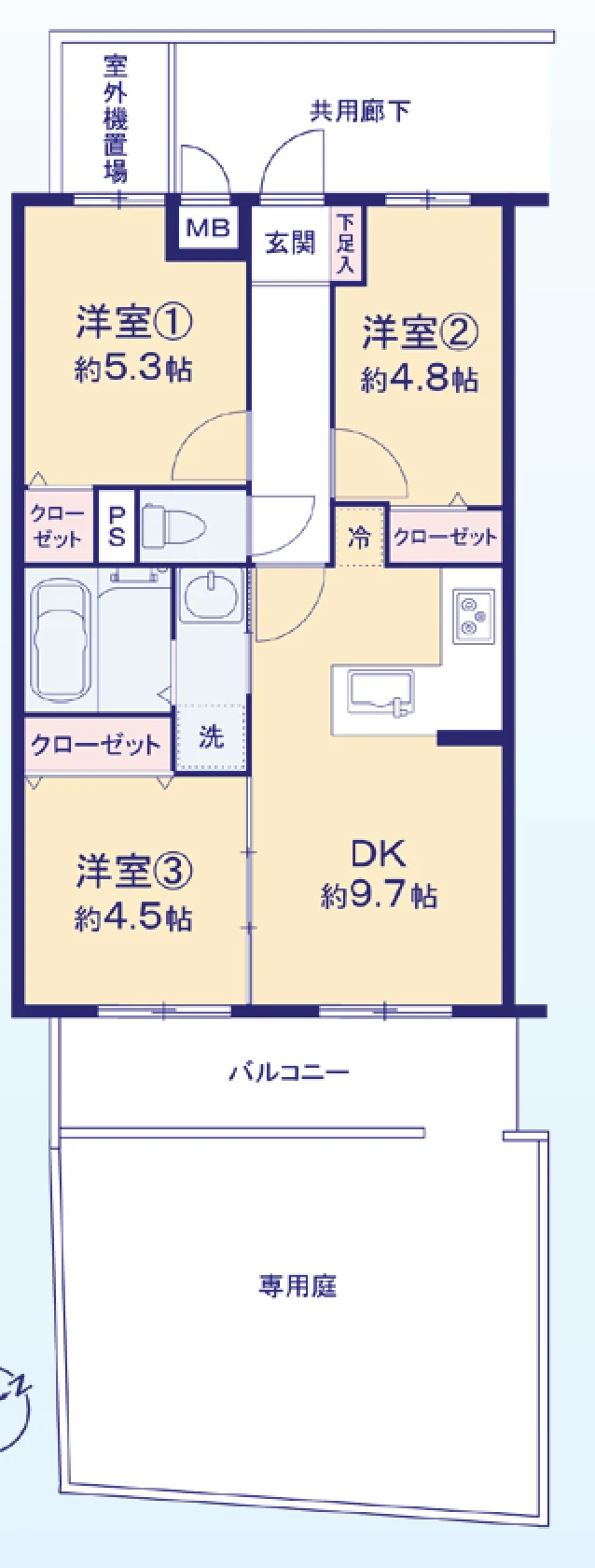 Floor plan — 3DK, 55.10 sq m. Labels are in the original Japanese.