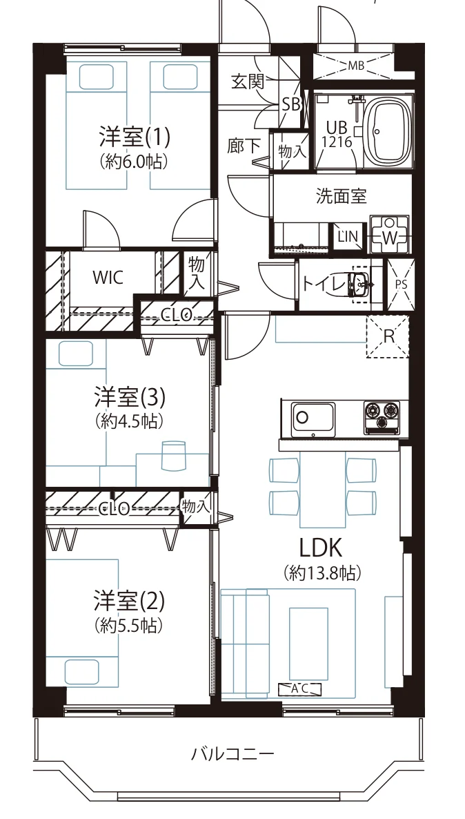 Floor plan — 3LDK, 69.30 sq m. Labels are in the original Japanese.