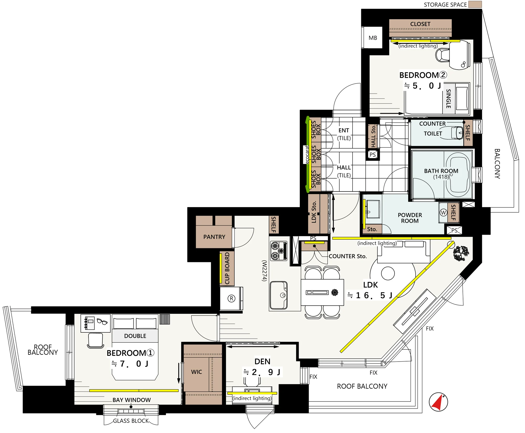 Floor plan — 2LDK + den + walk-in closet, 76.00 sq m.