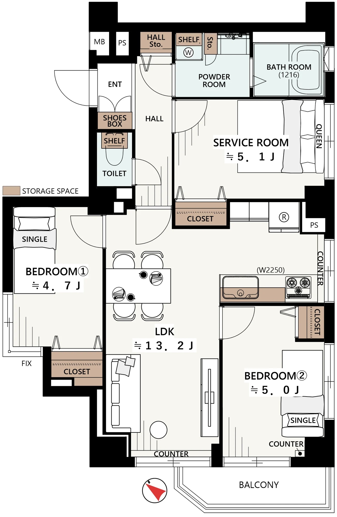 Floor plan — 2SLDK, 62.20 sq m.