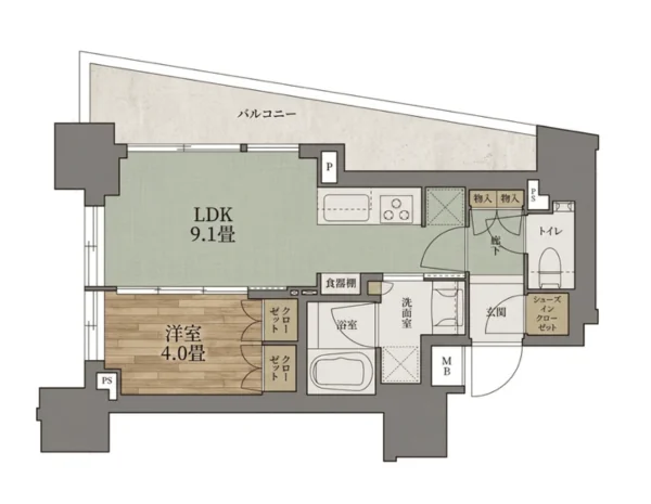 Floor plan — 1LDK, 33.79 sq m. Labels are in the original Japanese.