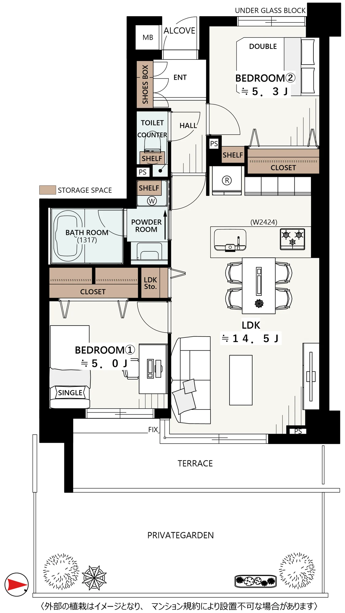 Floor plan — 2LDK, 55.80 sq m. Labels are in the original Japanese.