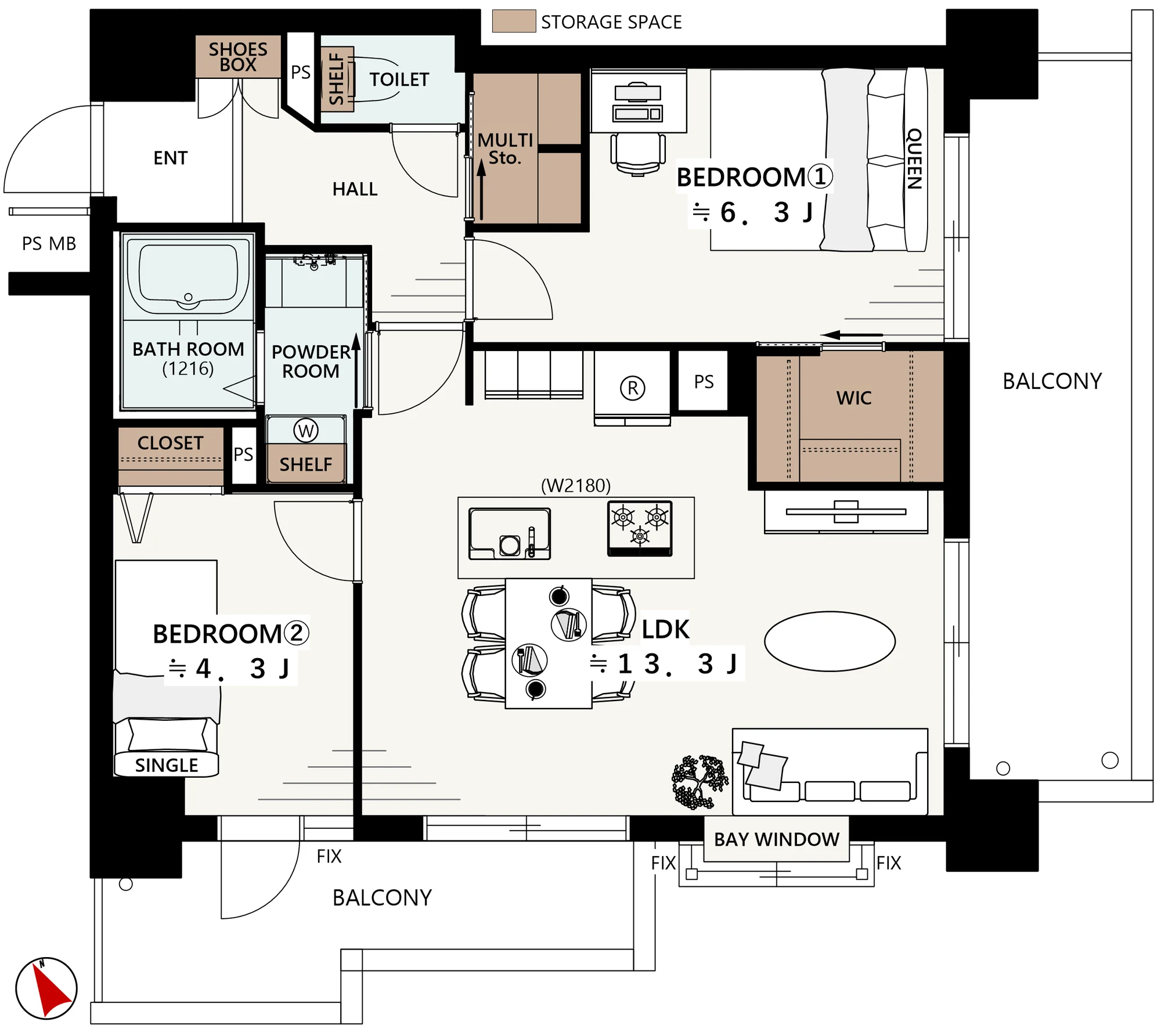 Floor plan — 2LDK+W+M, 57.28 sq m.