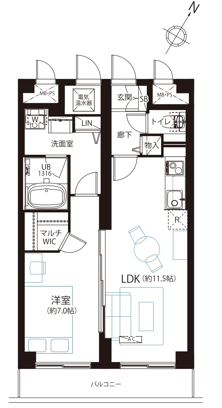 Floor plan — 1LDK, 48.60 sq m. Labels are in the original Japanese.