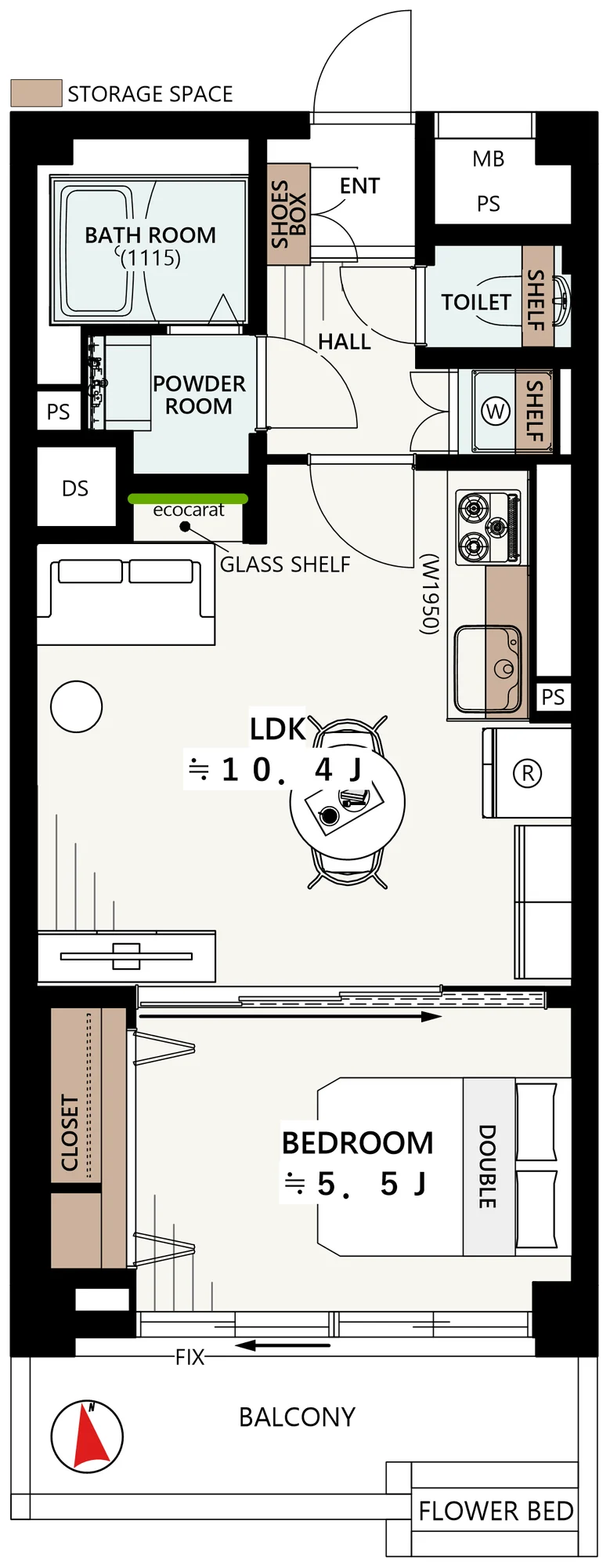 Floor plan — 1LDK, 41.14 sq m. Labels are in the original Japanese.