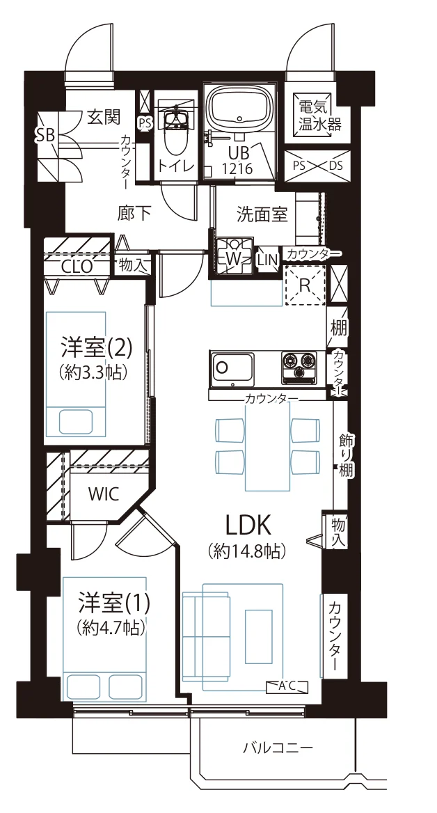 Floor plan — 2LDK, 58.94 sq m. Labels are in the original Japanese.