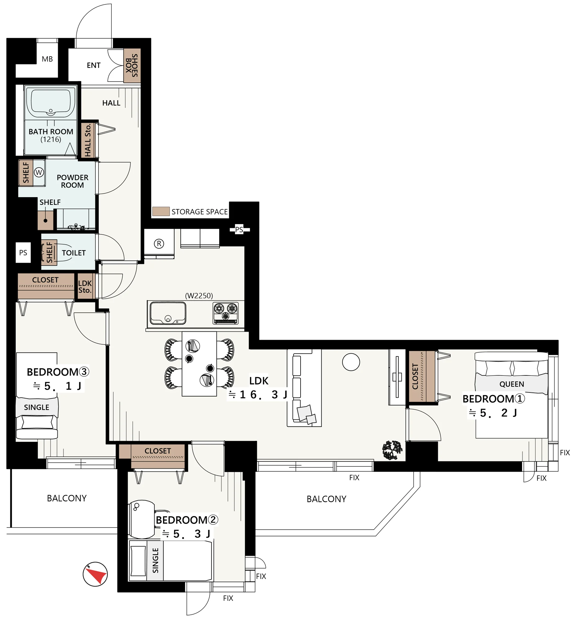Floor plan — 3LDK, 72.38 sq m. Labels are in the original Japanese.