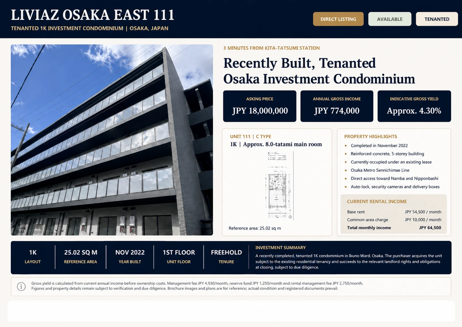 LIVIAZ OSAKA EAST property overview sheet — price, rental income, indicative yield and unit summary
