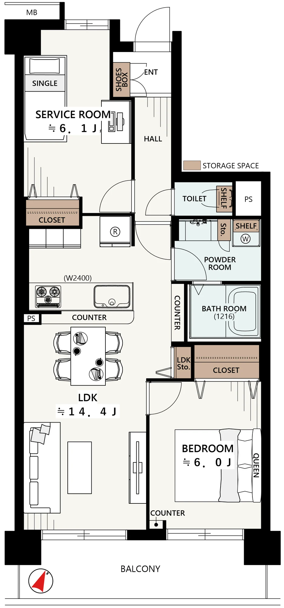 Floor plan — 1SLDK, 58.97 sq m. Labels are in the original Japanese.