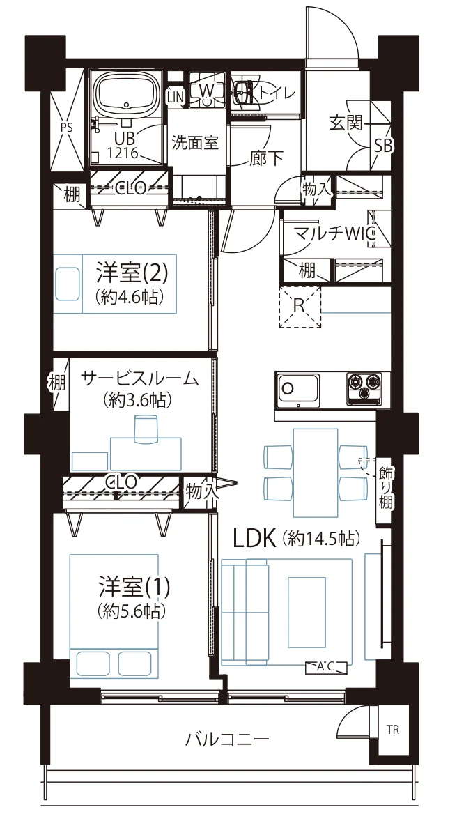 Floor plan — 2SLDK, 64.80 sq m. Labels are in the original Japanese.