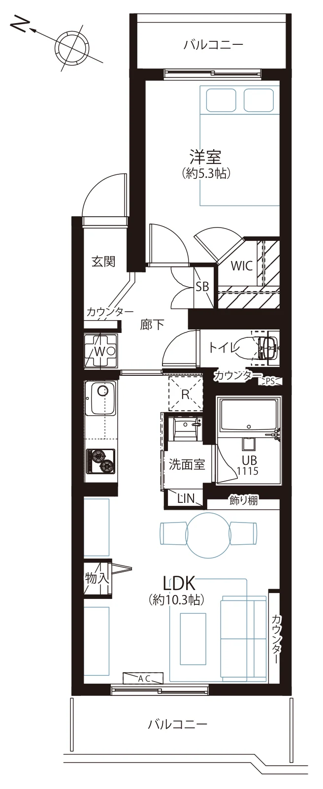 Floor plan — 1LDK, 38.83 sq m. Labels are in the original Japanese.