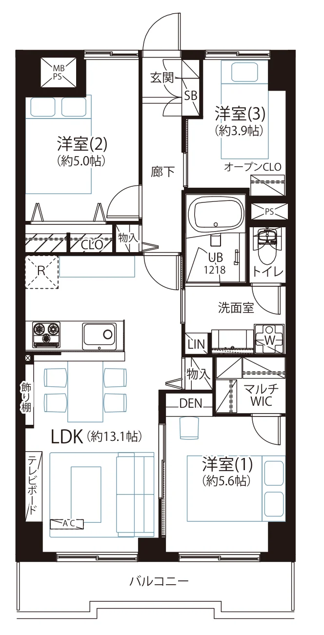 Floor plan — 3LDK, 63.04 sq m. Labels are in the original Japanese.