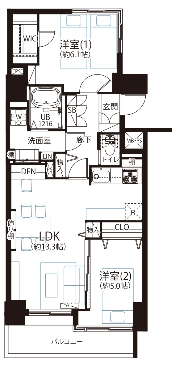 Floor plan — 2LDK, 59.76 sq m. Labels are in the original Japanese.