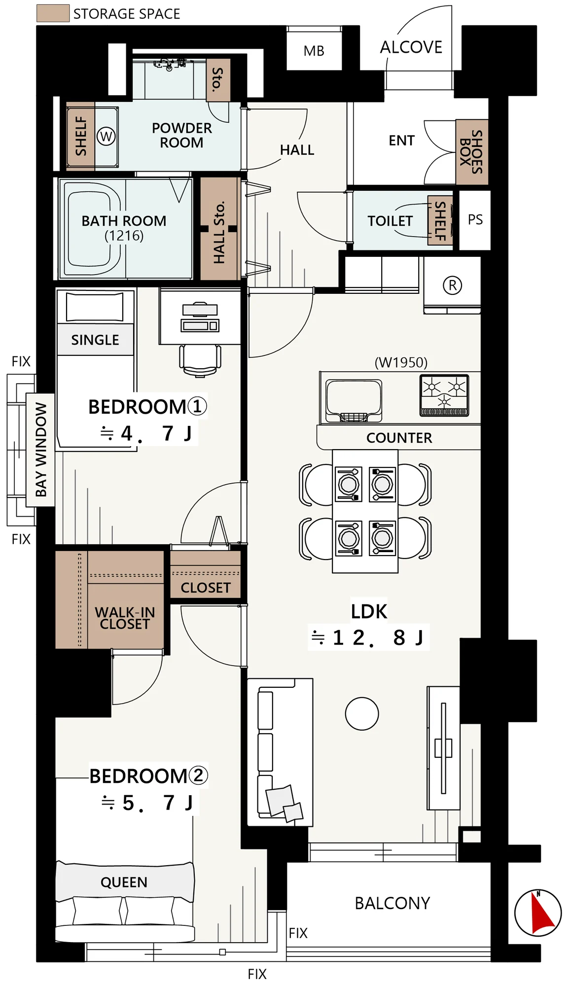 Floor plan — 2LDK, 57.51 sq m. Labels are in the original Japanese.