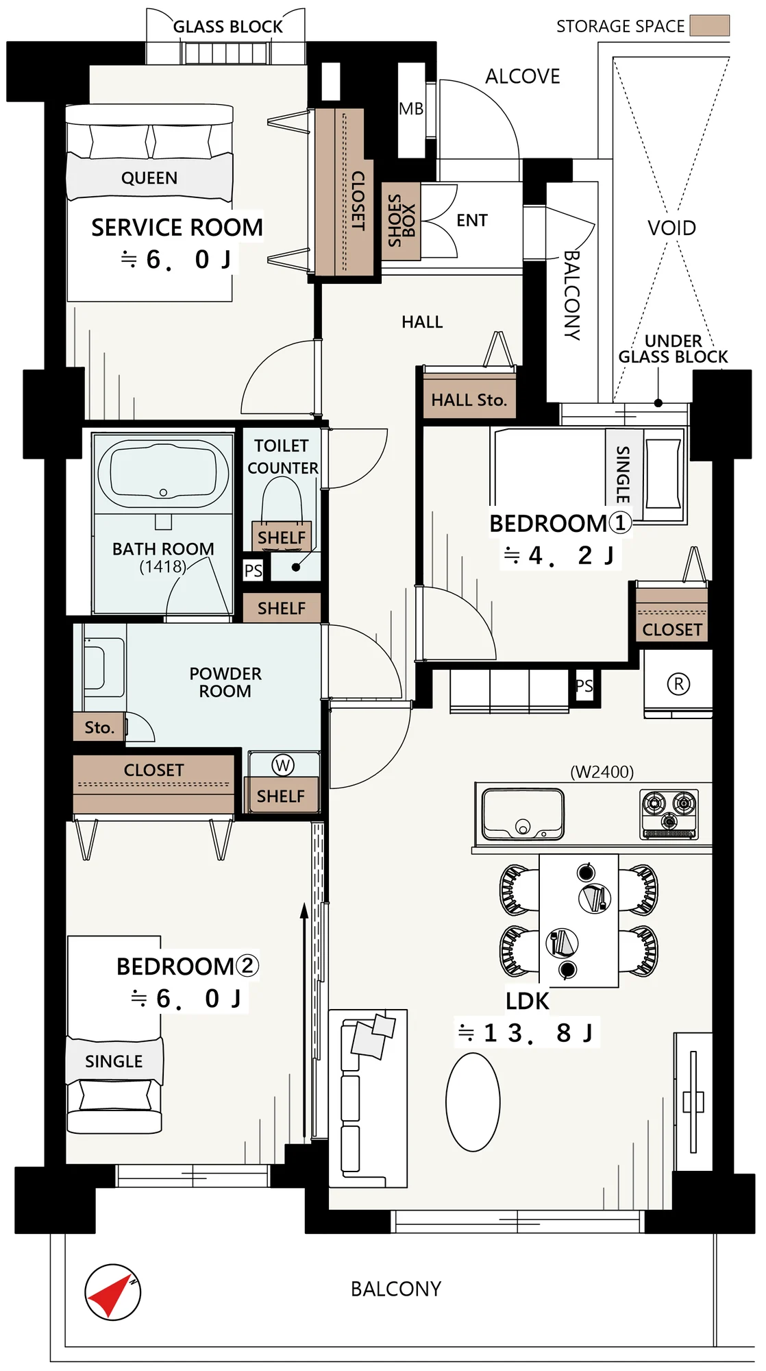 Floor plan — 2SLDK, 69.44 sq m. Labels are in the original Japanese.