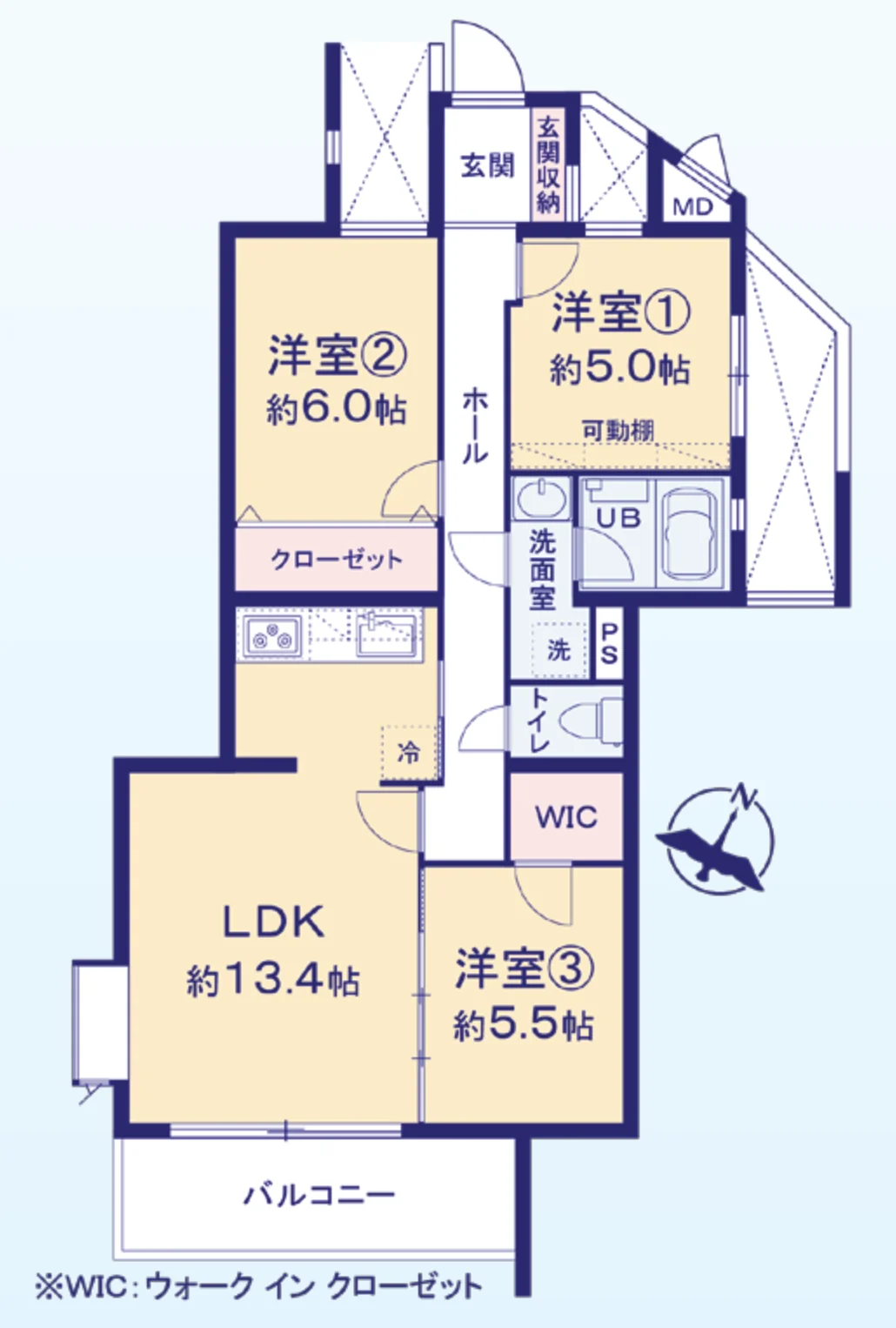 Floor plan — 3LDK, 68.62 sq m. Labels are in the original Japanese.
