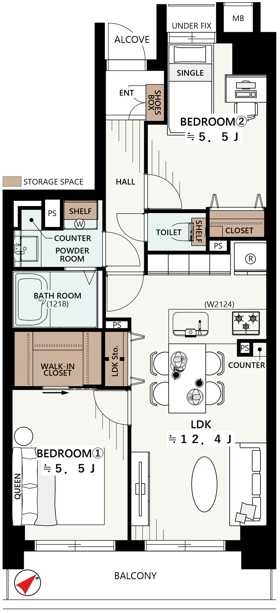 Floor plan — 2LDK, 55.97 sq m. Labels are in the original Japanese.
