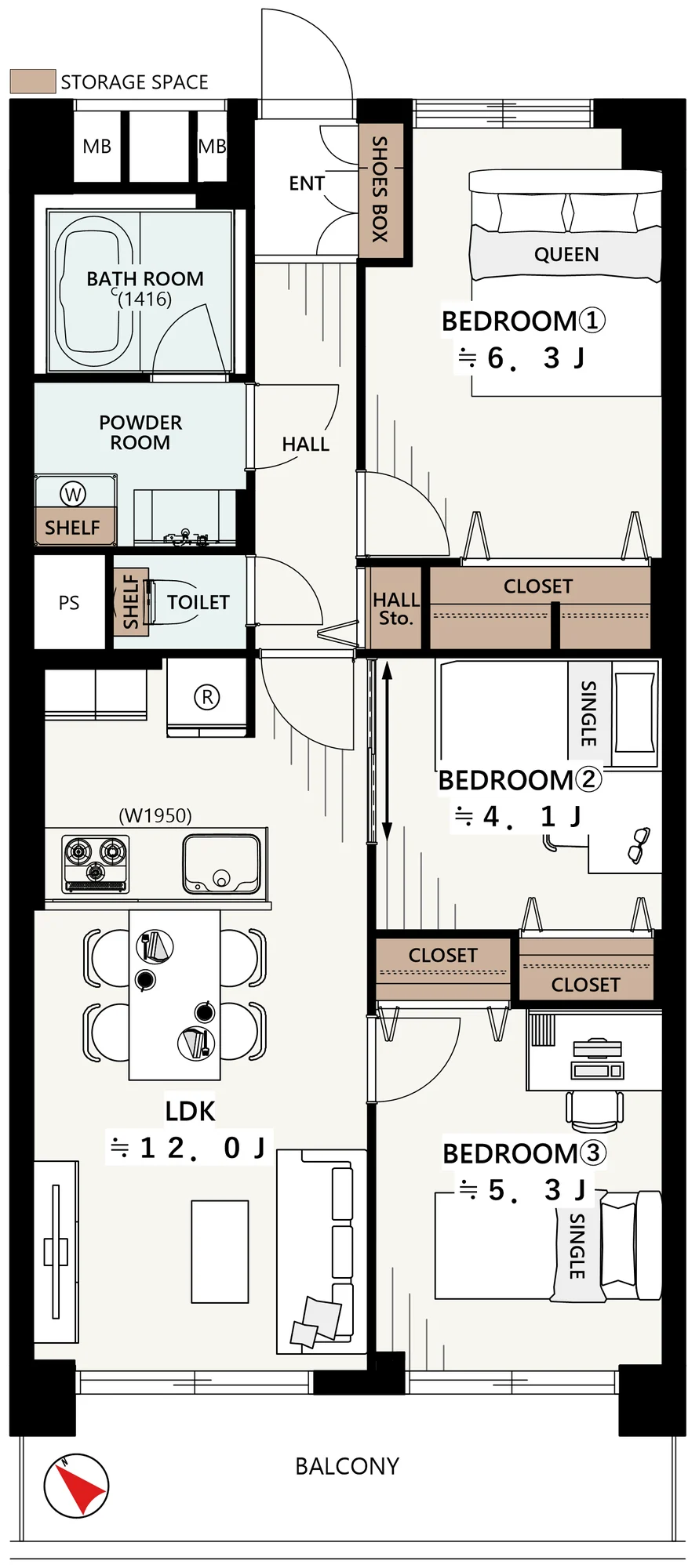 Floor plan — 3LDK, 63.55 sq m. Labels are in the original Japanese.