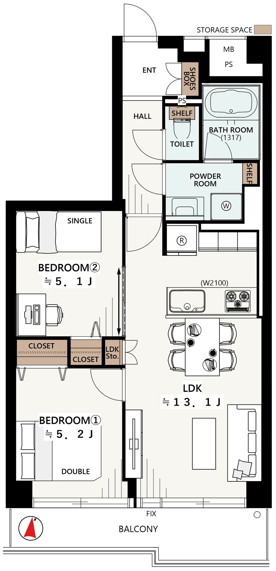 Floor plan — 2LDK, 55.17 sq m.